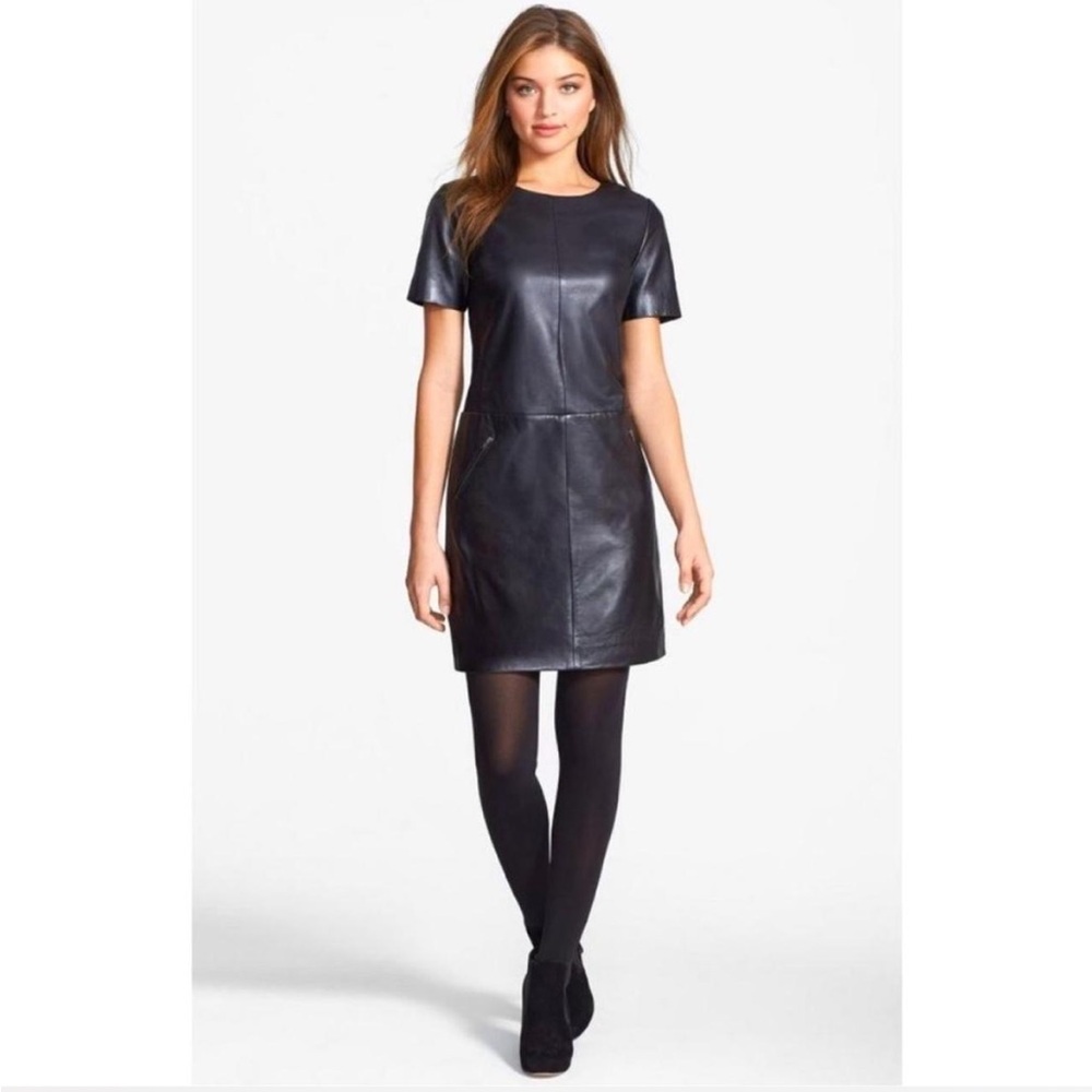 100% Leather Short Sleeve Shift Dress NWT Halogen